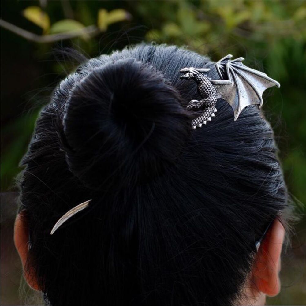 Vintage inspired Dragon Hair Accessory, Silver Color, Textured Dragon